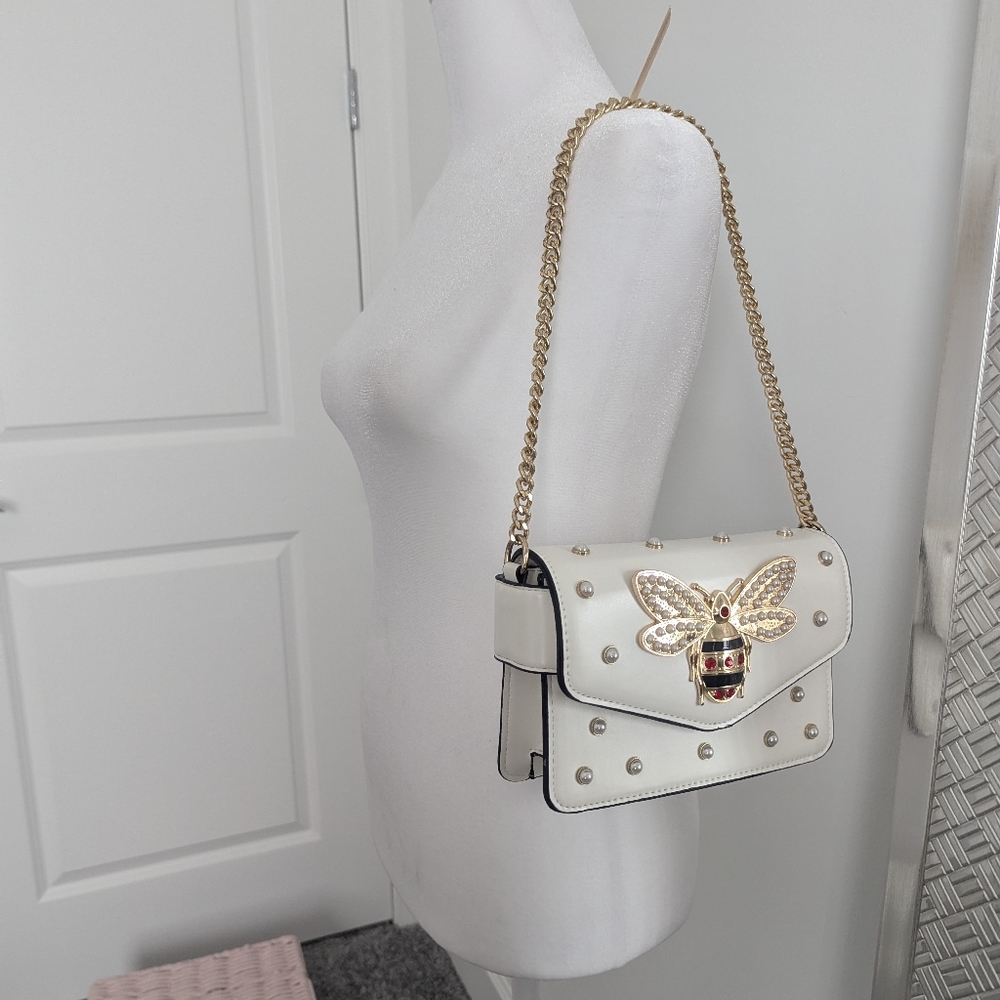 Elegant White Studded Bag with Gold Chain - Picture 2 of 16